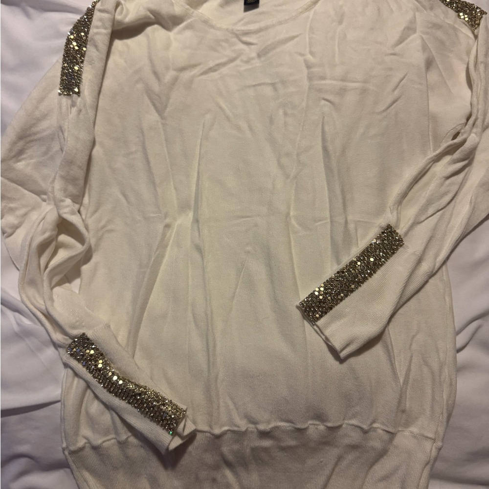 Thalia White Sweater with Gold Sequin Accents